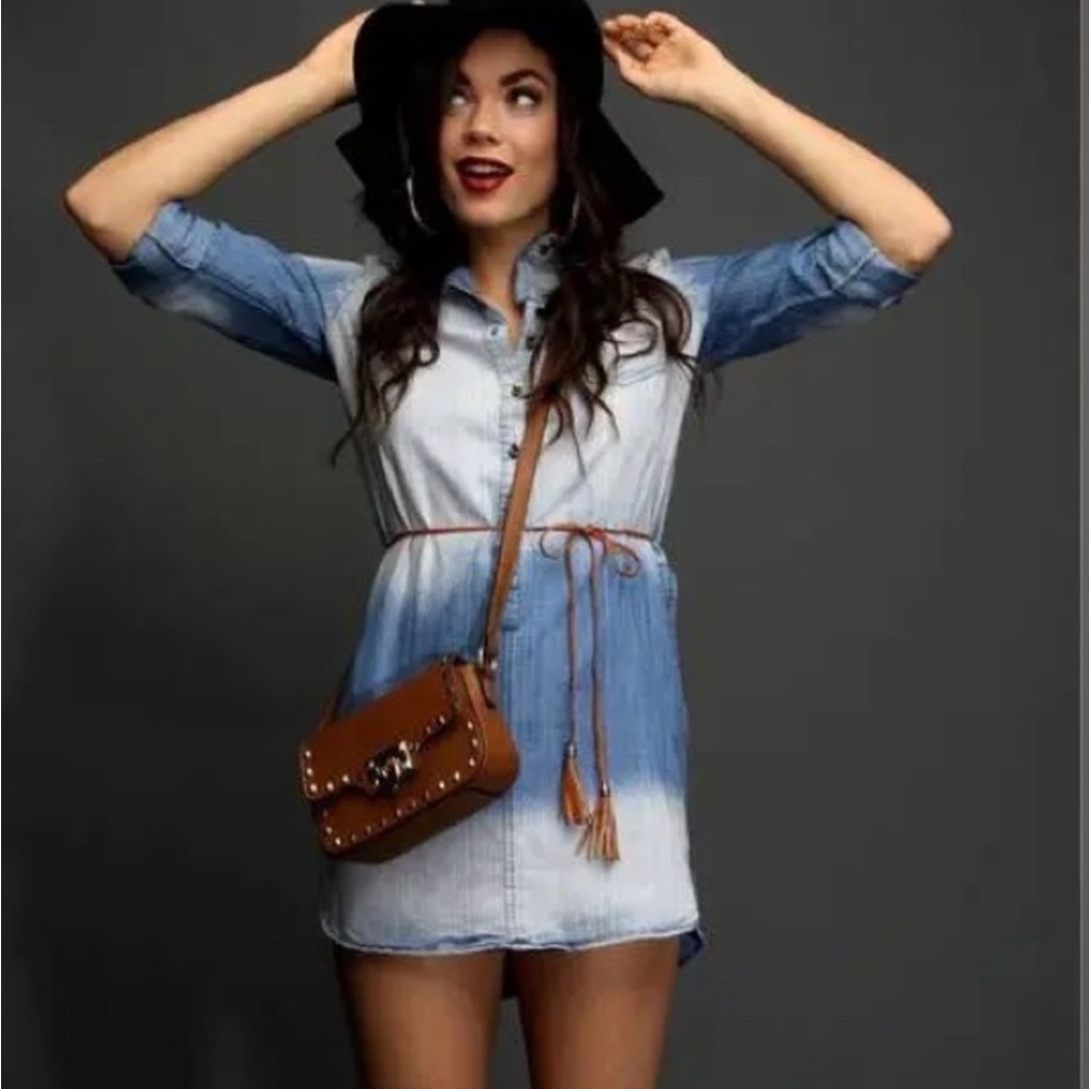Chocolate-Blue Ombre Denim Dress w/Brown Tassels Belt - Size Large -NWOT